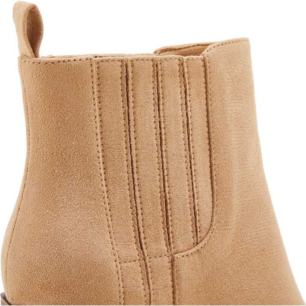 Womens Camel Faux Leather Slip on Pointed Toe Chunky Block Mid Heel Booties - Picture 6 of 6